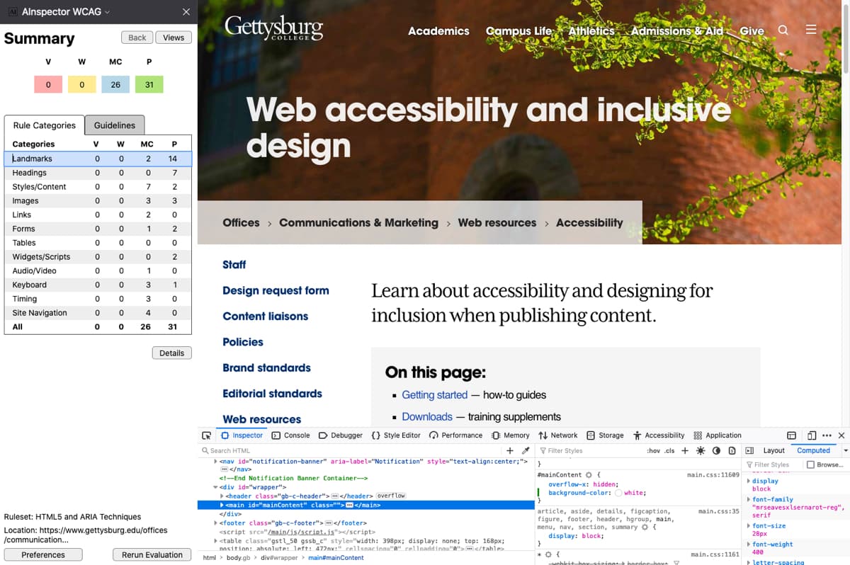 AInspector plugin report for a page on Gettysburg.edu showing 0 violations or warnings.