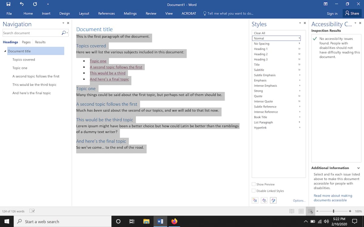 MS Word document with logical heading structure, Styles panel, and zero Accessibility errors.