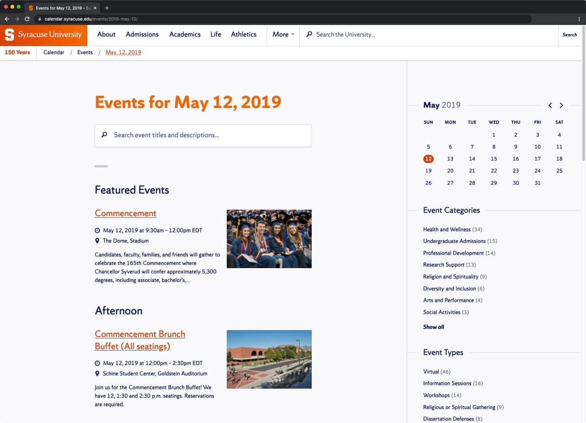 Day view page showing “Events for May 12, 2019” including Commencement.