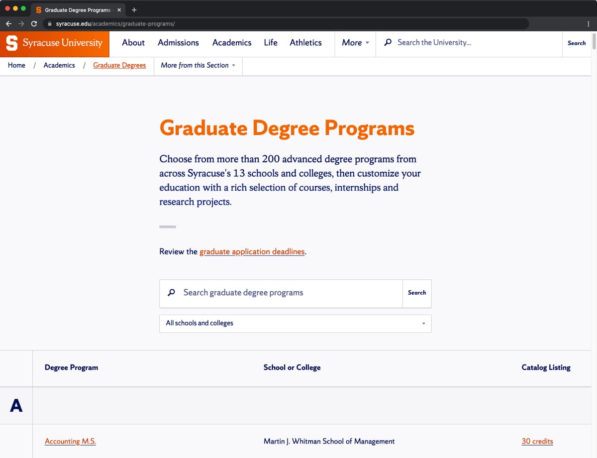 Graduate Degree Program Finder with active search field above data table.