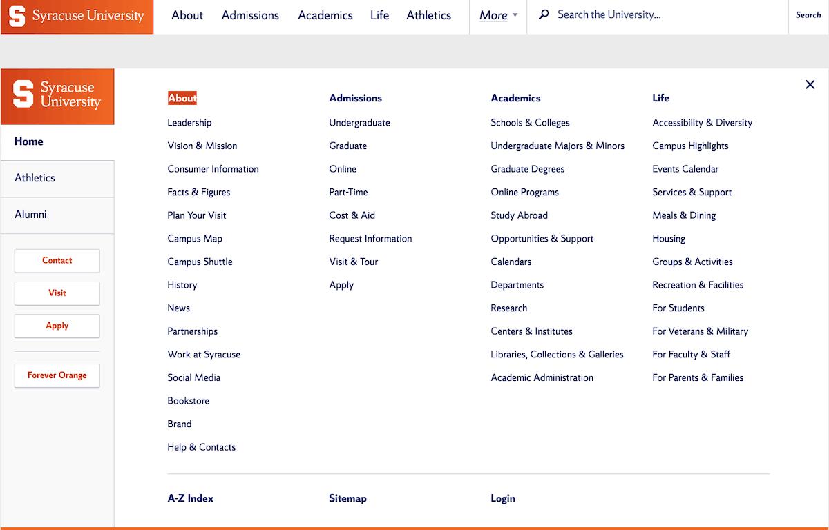 Widescreen view of site navigation menu in closed and open states.