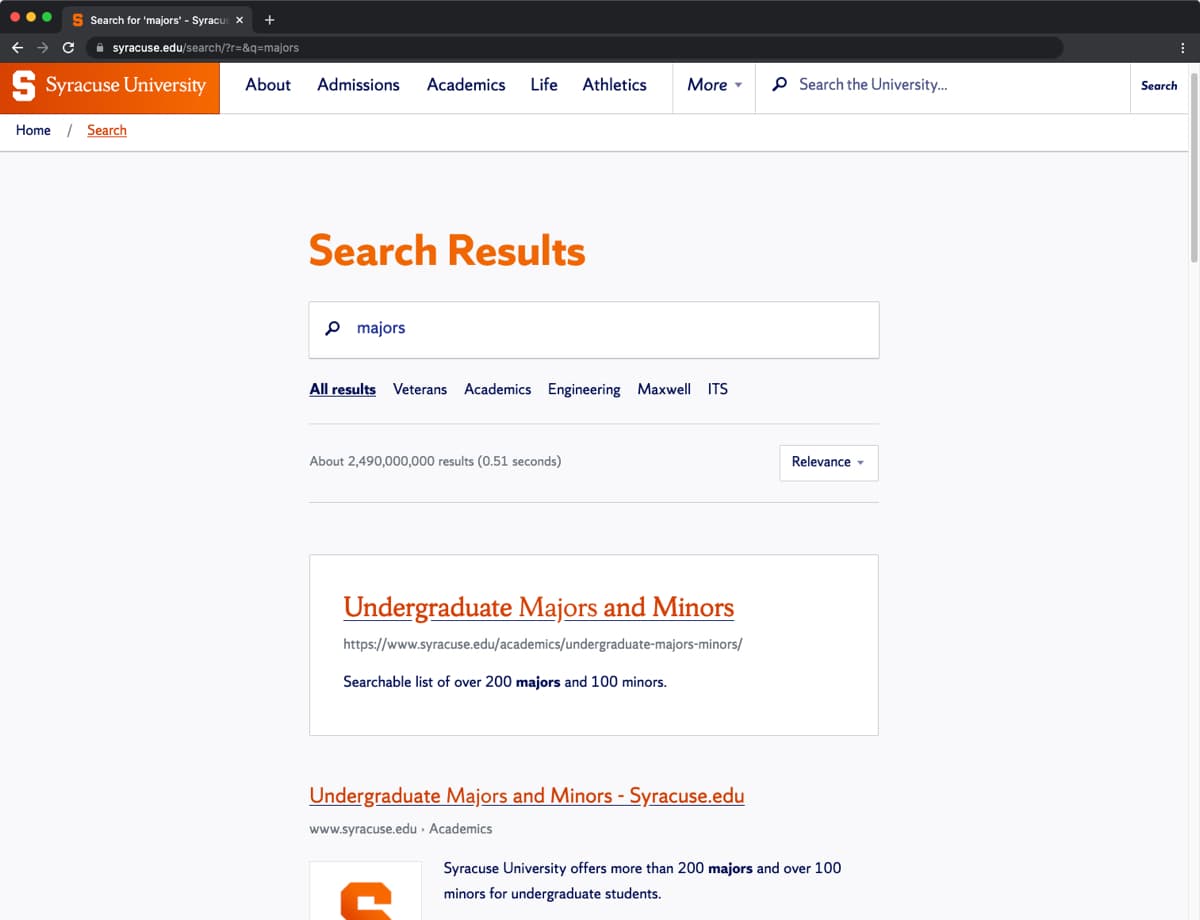Results for “majors” on Syracuse.edu with promoted result for “Undergraduate Majors and Minors.”