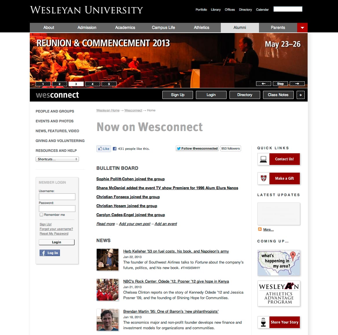 Wesconnect homepage emphasizing alumni news and bulletin board activity.
