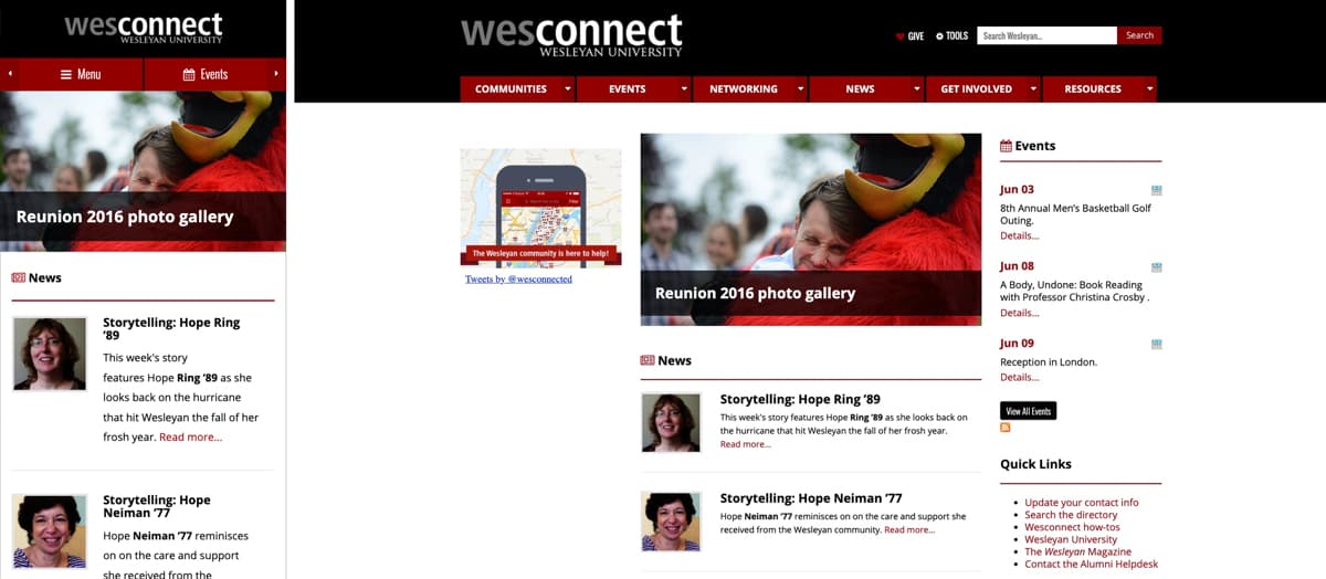 Mobile and widescreen versions of the Wesconnect 2.0 homepage.