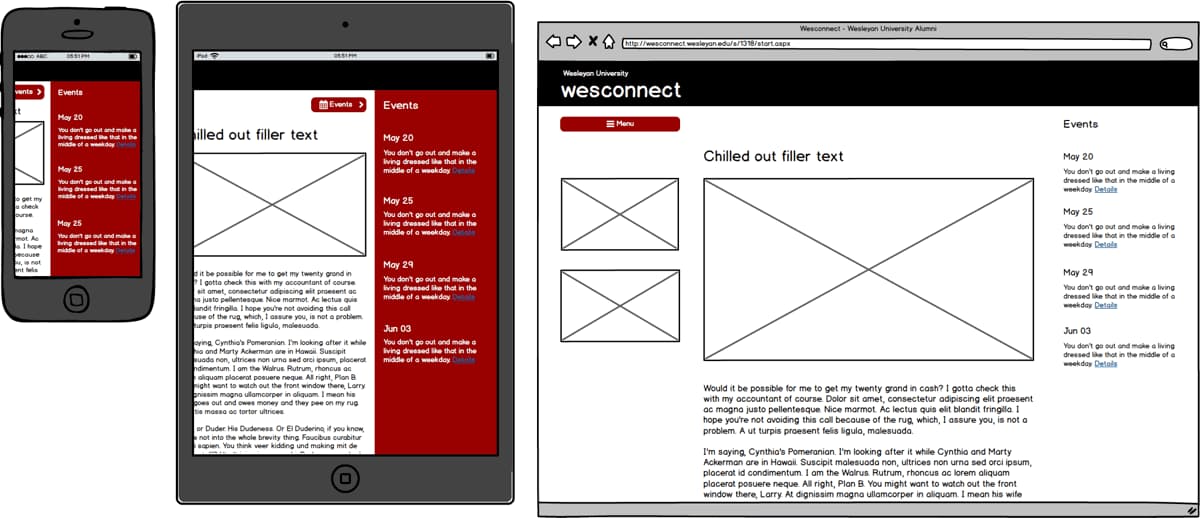User interface sketch for the responsive redesign of Wesconnect.