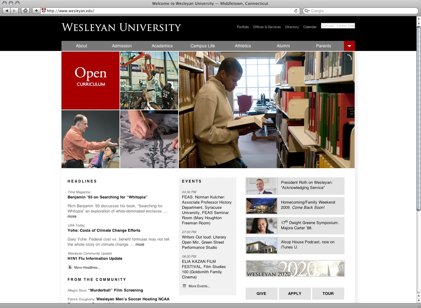 Wesleyan University homepage featuring new academic research, upcoming events, and community posts.